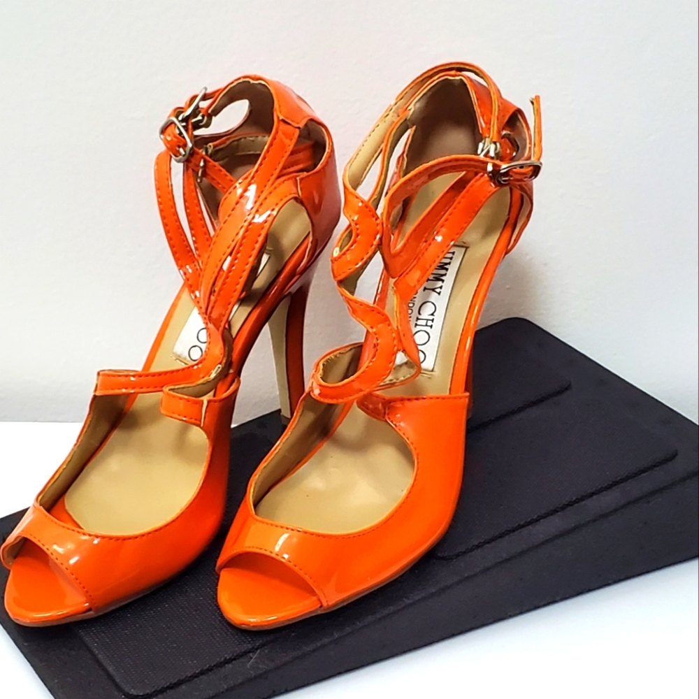 JIMMY Choo Vibrant Orange Strappy Heels.